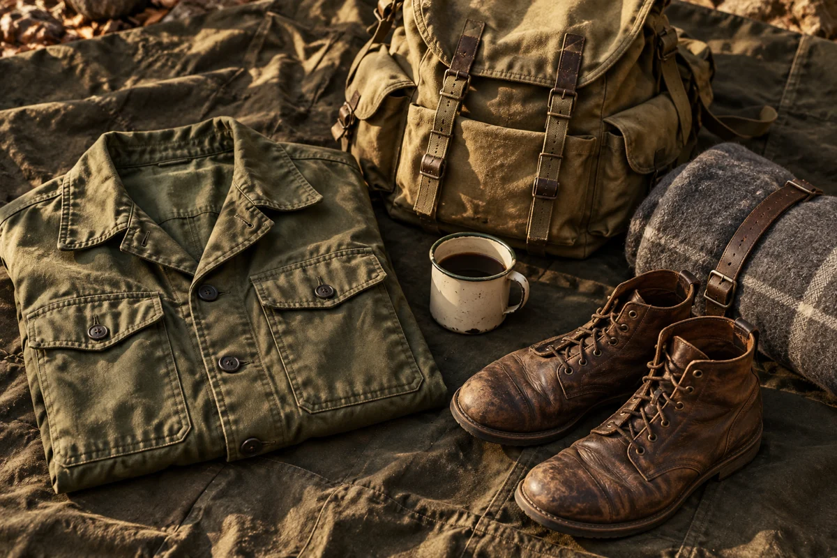 Illustrative flat lay of an olive field jacket, canvas pack, wool blanket and leather boots